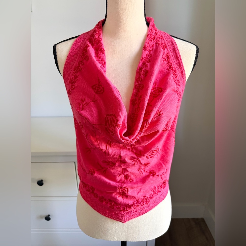 Free People - Pink Embroidered Halter Cowl Neck Top